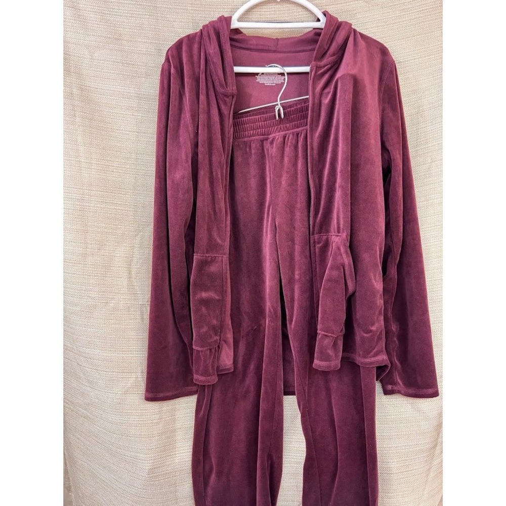 HUE Womens Burgundy Velour Tracksuit Set Zip Hoodie & Pants Size L Wine Red